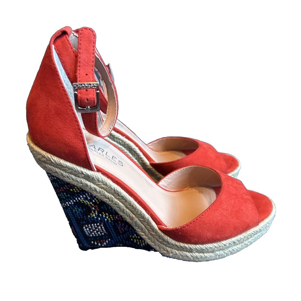 Charles By Charles David Wedge Heels Ankle Strap 7.5 Orange Red Blue Tribal